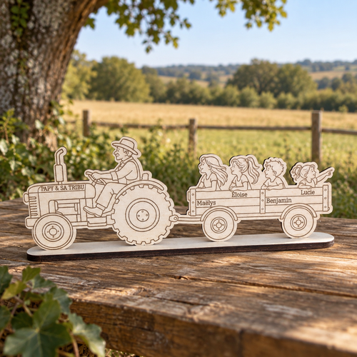 Cadeau Papy personnalisé en bois tracteur avec petits-enfants et prénoms