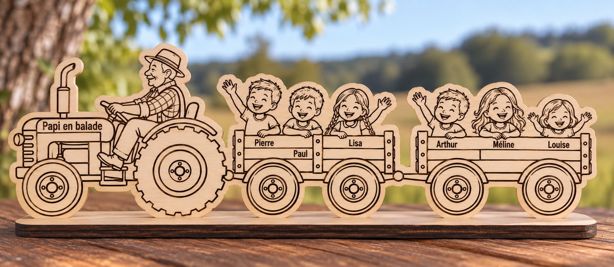 Cadeau grand-père personnalisé tracteur en bois avec 6 petits-enfants