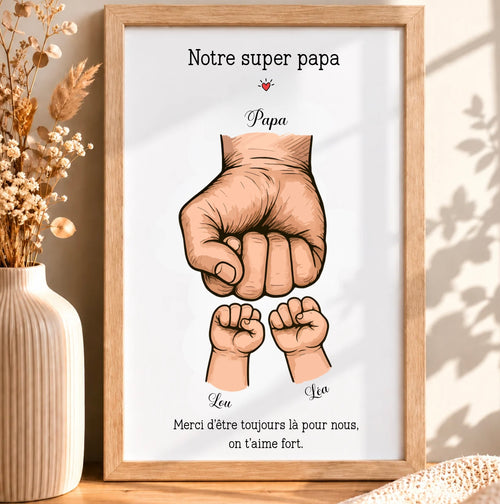 Cadre personnalisé papa avec prénom(s) des enfants et message personnalisé, cadeau fête des pères format A4