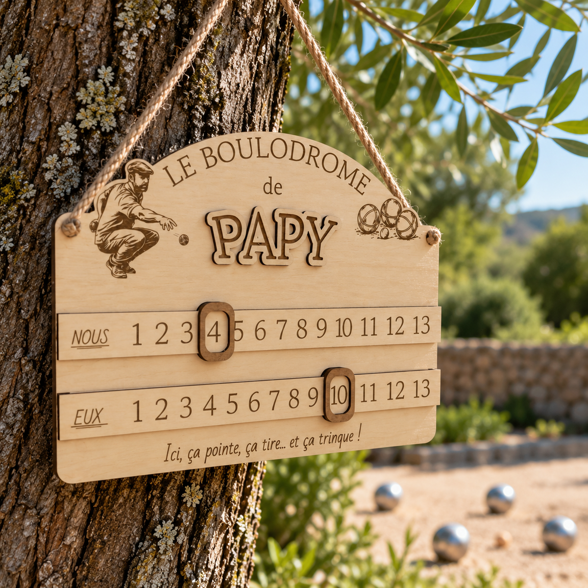 Compteur de points pétanque personnalisé en bois Le Boulodrome de Papy