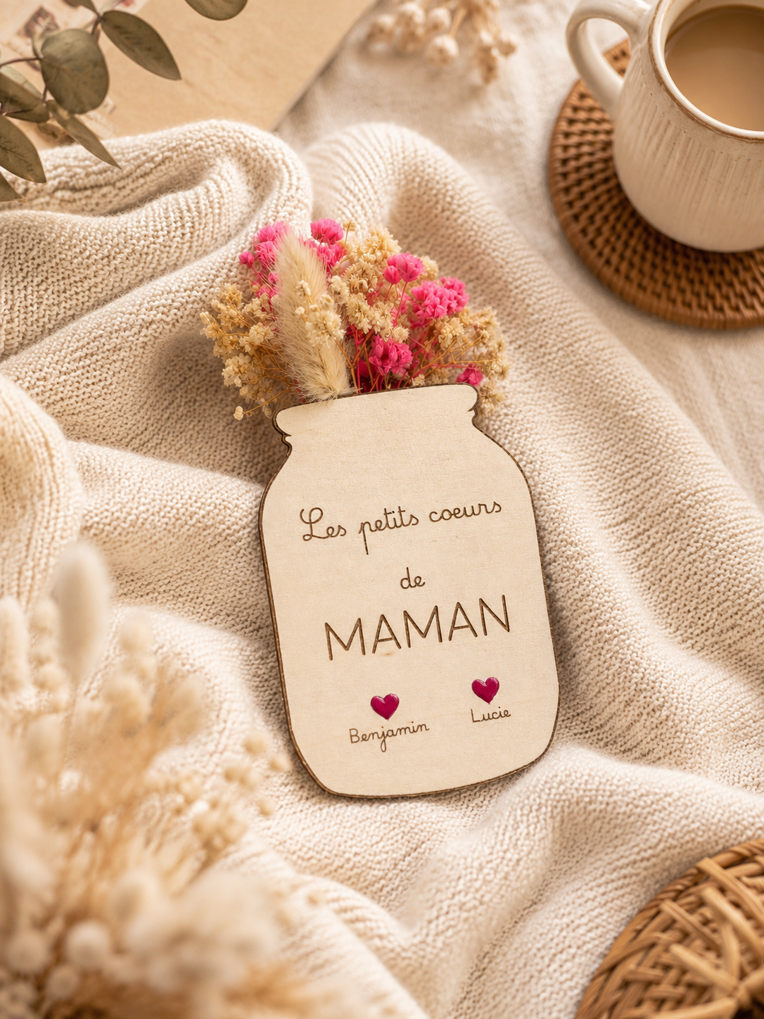 Magnet maman personnalisé en bois avec prénoms enfants et cœur