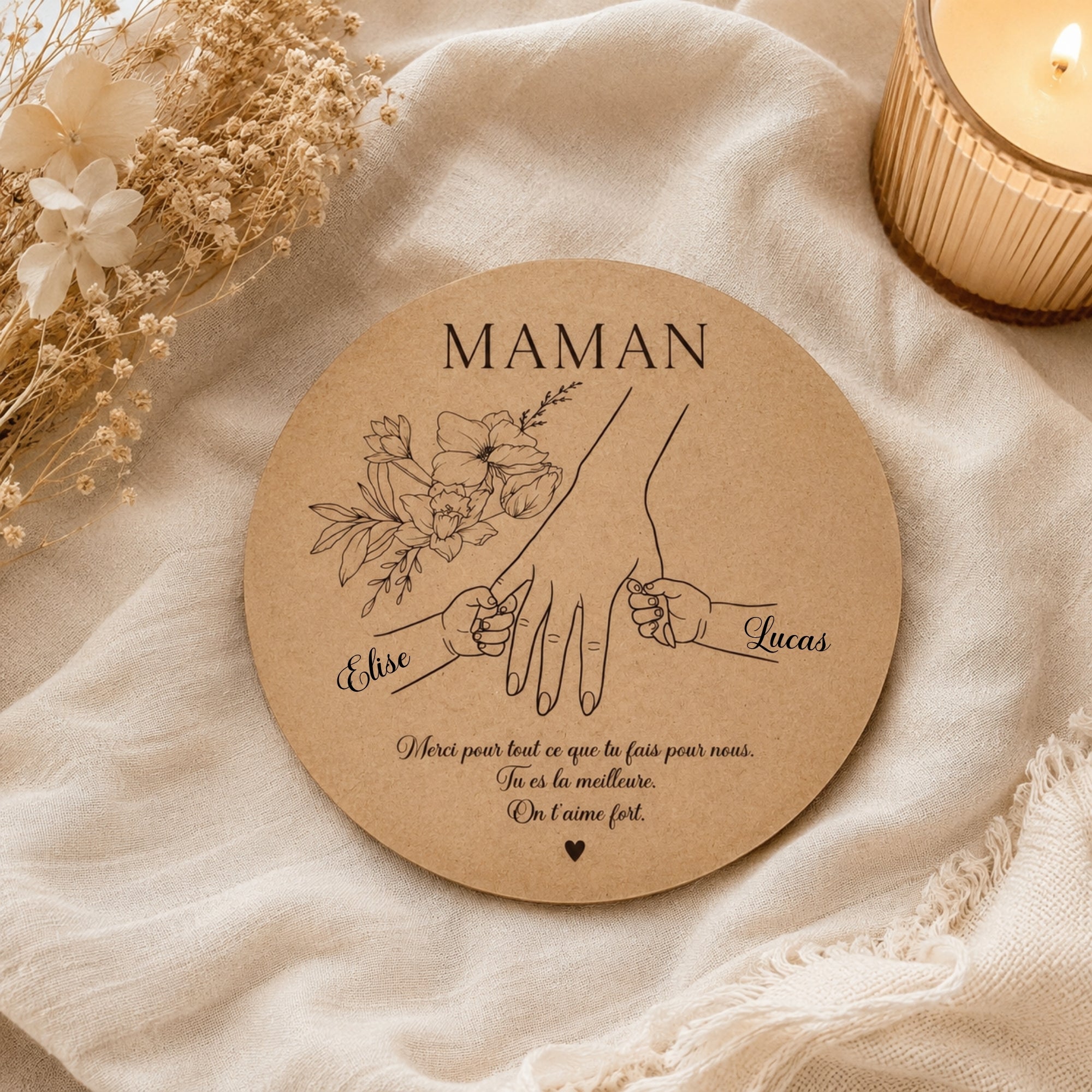 Décoration murale en bois personnalisée avec prénoms – cadeau maman original
