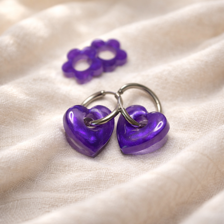 Boucles d'oreille créoles interchangeable avec "pampille" en résine et créoles en acier inoxydable