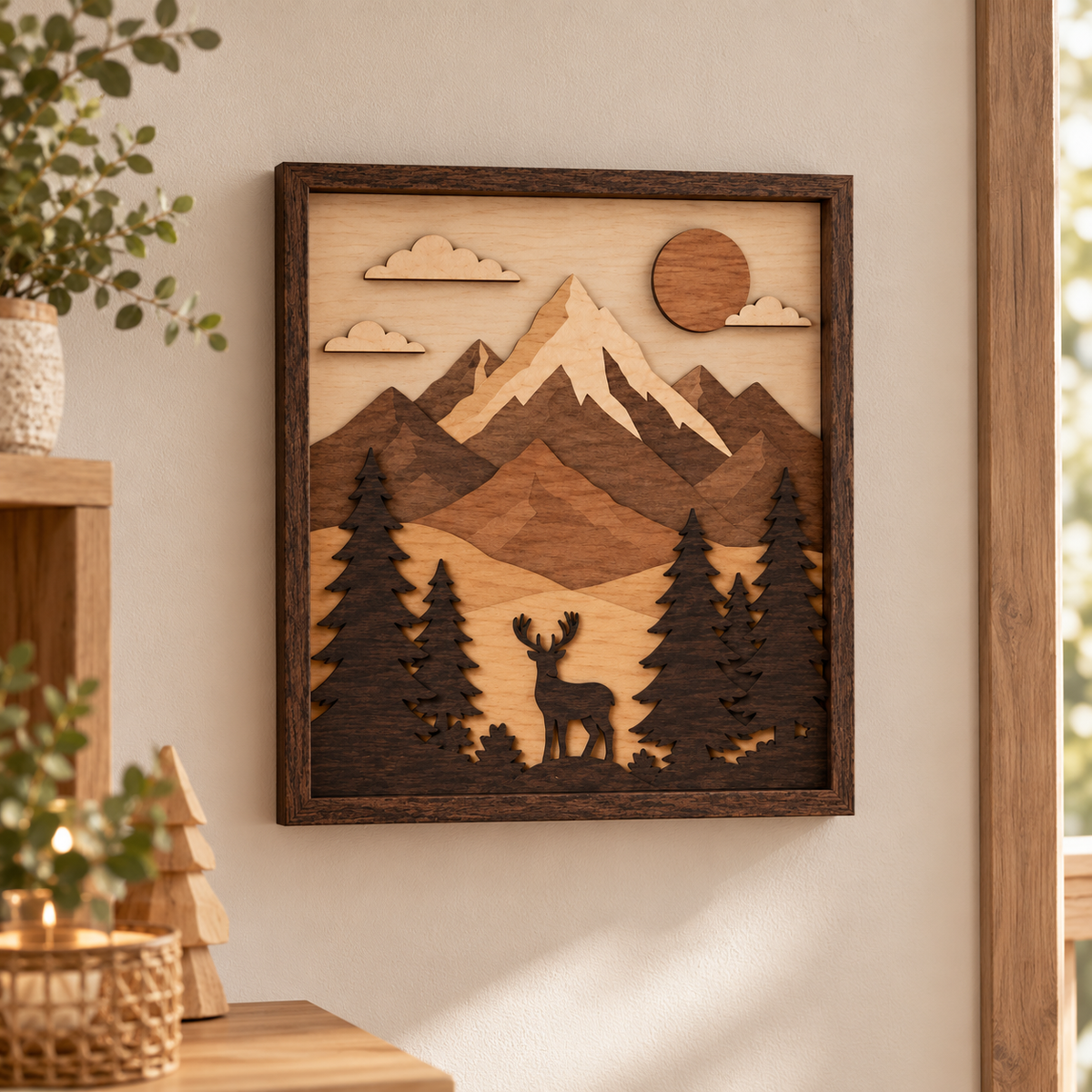 Cadre décoratif en bois 3D accroché au mur, représentant un cerf dans une forêt de sapins avec un paysage de montagne en relief.