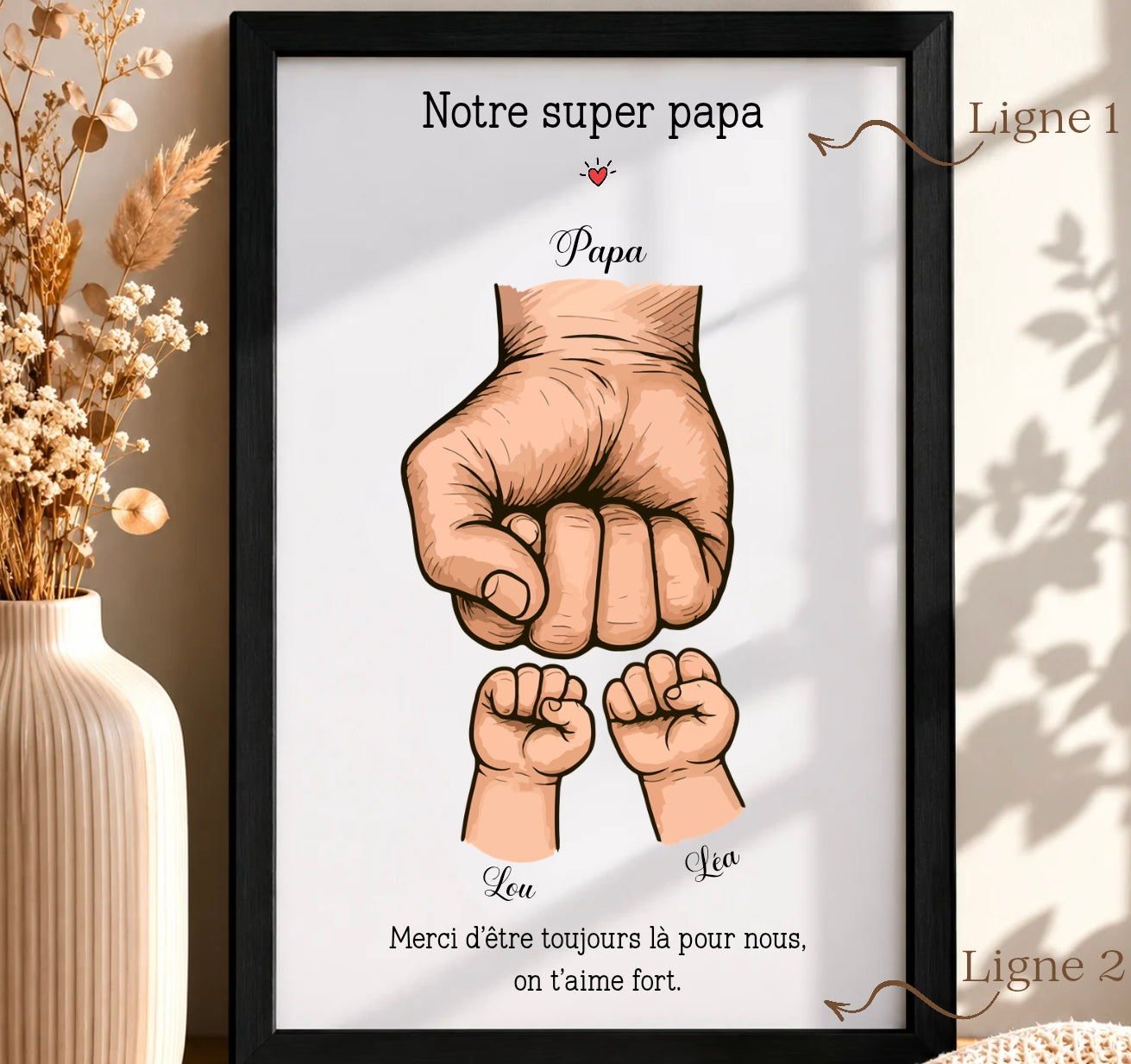 Un cadeau unique pour papa, personnalisé avec le prénom des enfants et votre message.