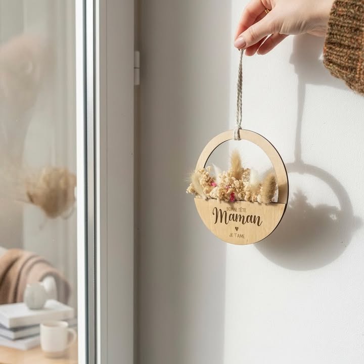 Suspension bois personnalisée avec fleurs séchées