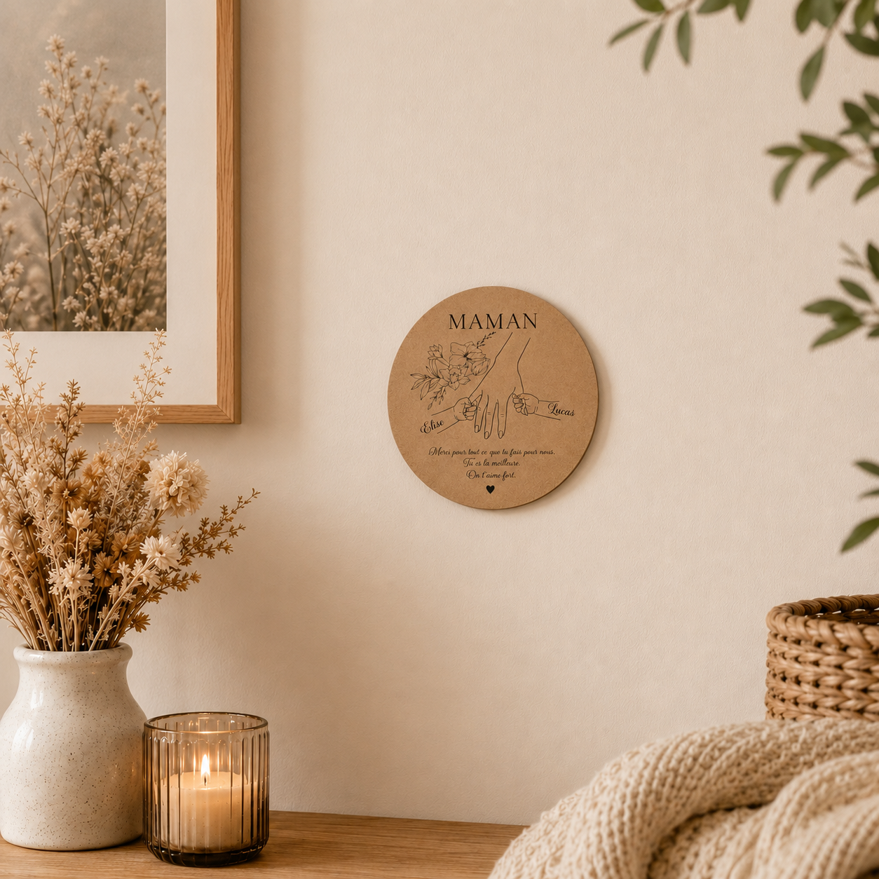 Cadeau maman personnalisé – Décoration murale en bois gravée avec prénoms | Idée fête des mères