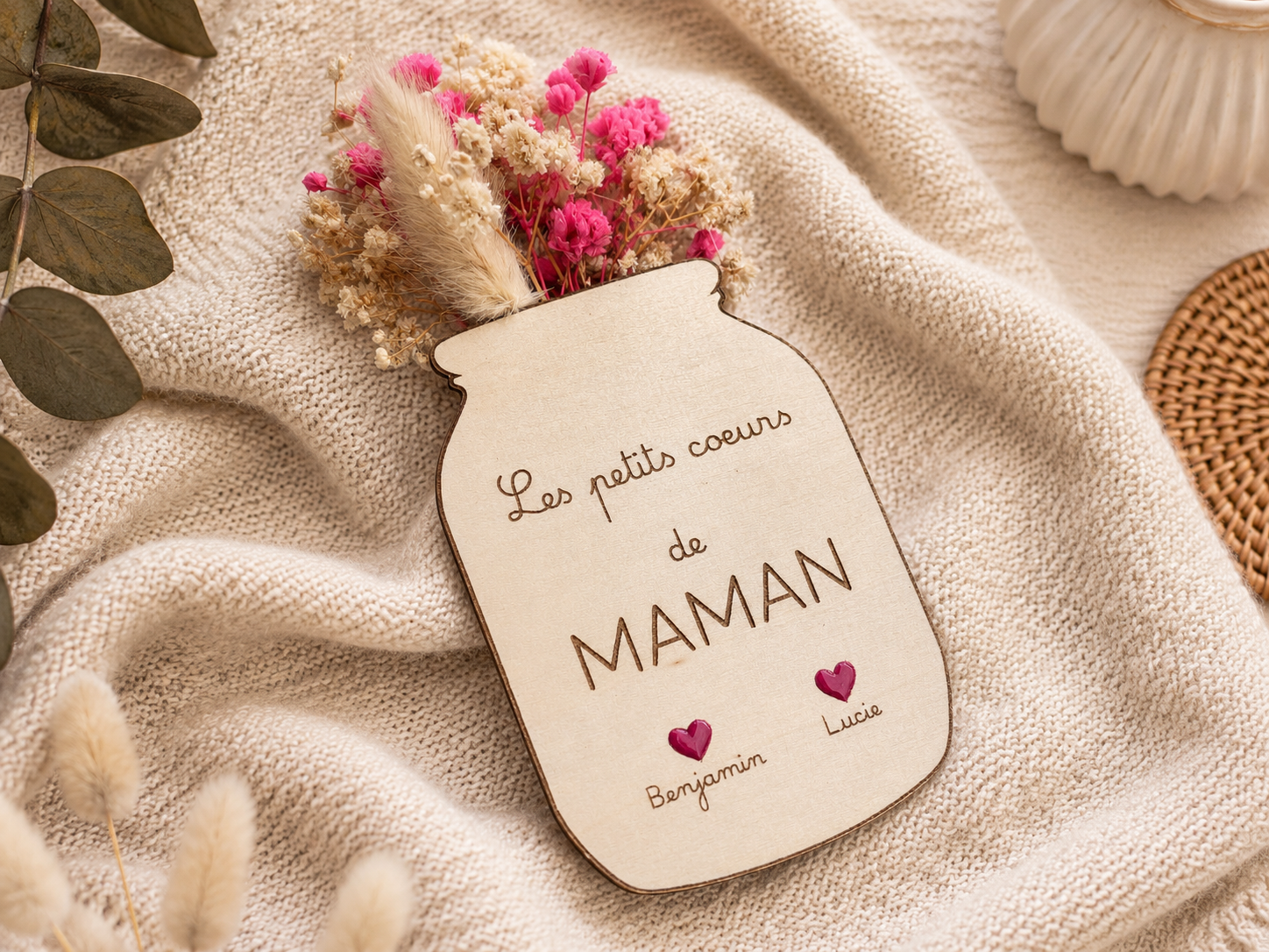 Magnet personnalisé maman en bois avec prénoms enfants – Cadeau fête des mères original, décoration aimant cœur