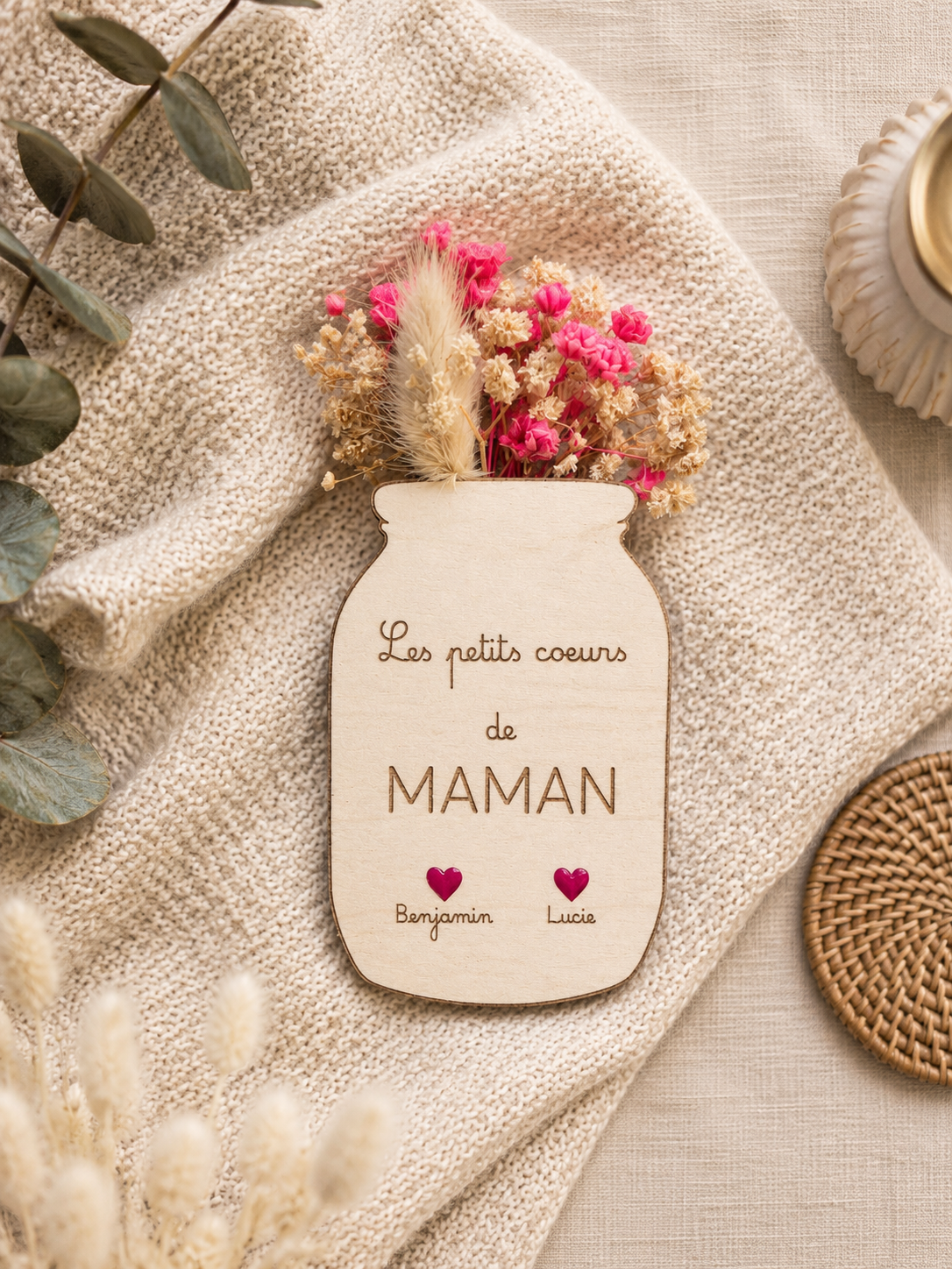 Magnet personnalisé maman en bois avec prénoms enfants – Cadeau fête des mères original, décoration aimant cœur