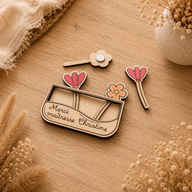 Magnet bouquet de fleurs personnalisé – Cadeau maîtresse, nounou, ATSEM, AVS