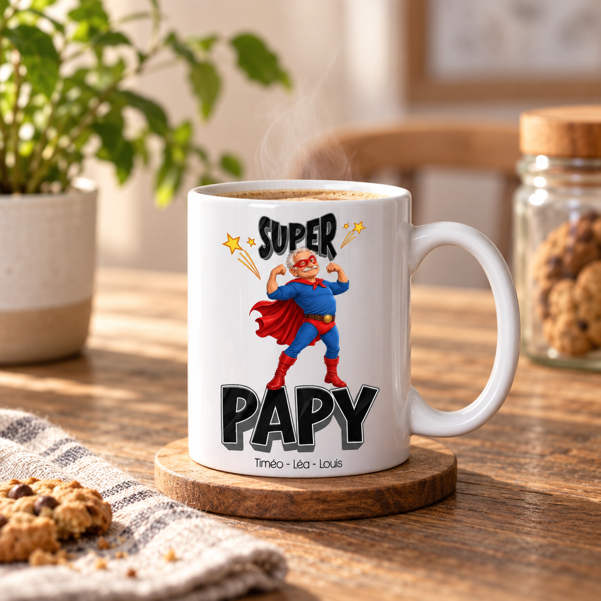 Mug Papy personnalisé noir avec prénoms des petits-enfants
