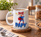 Mug Super Papy bleu personnalisé avec prénoms de ses petits-enfants