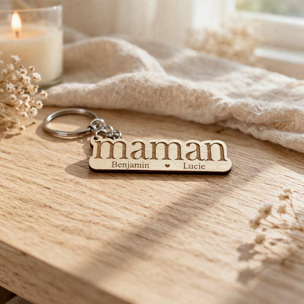 Porte-clé maman personnalisé en bois gravé avec prénoms