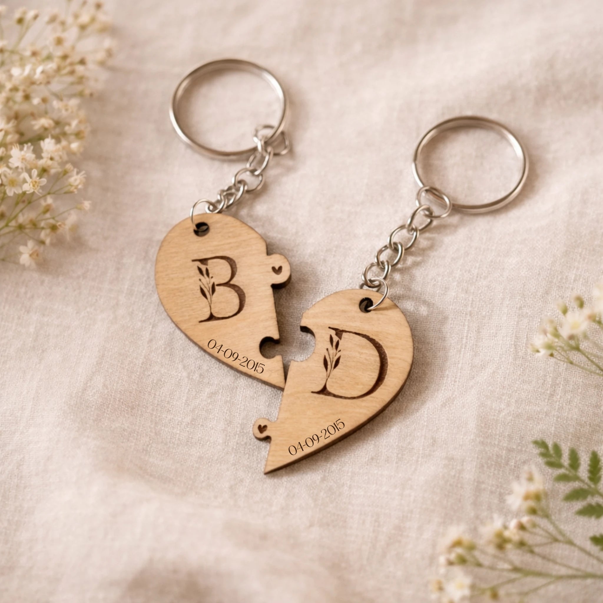 Duo de porte-clés puzzle cœur en bois personnalisé
