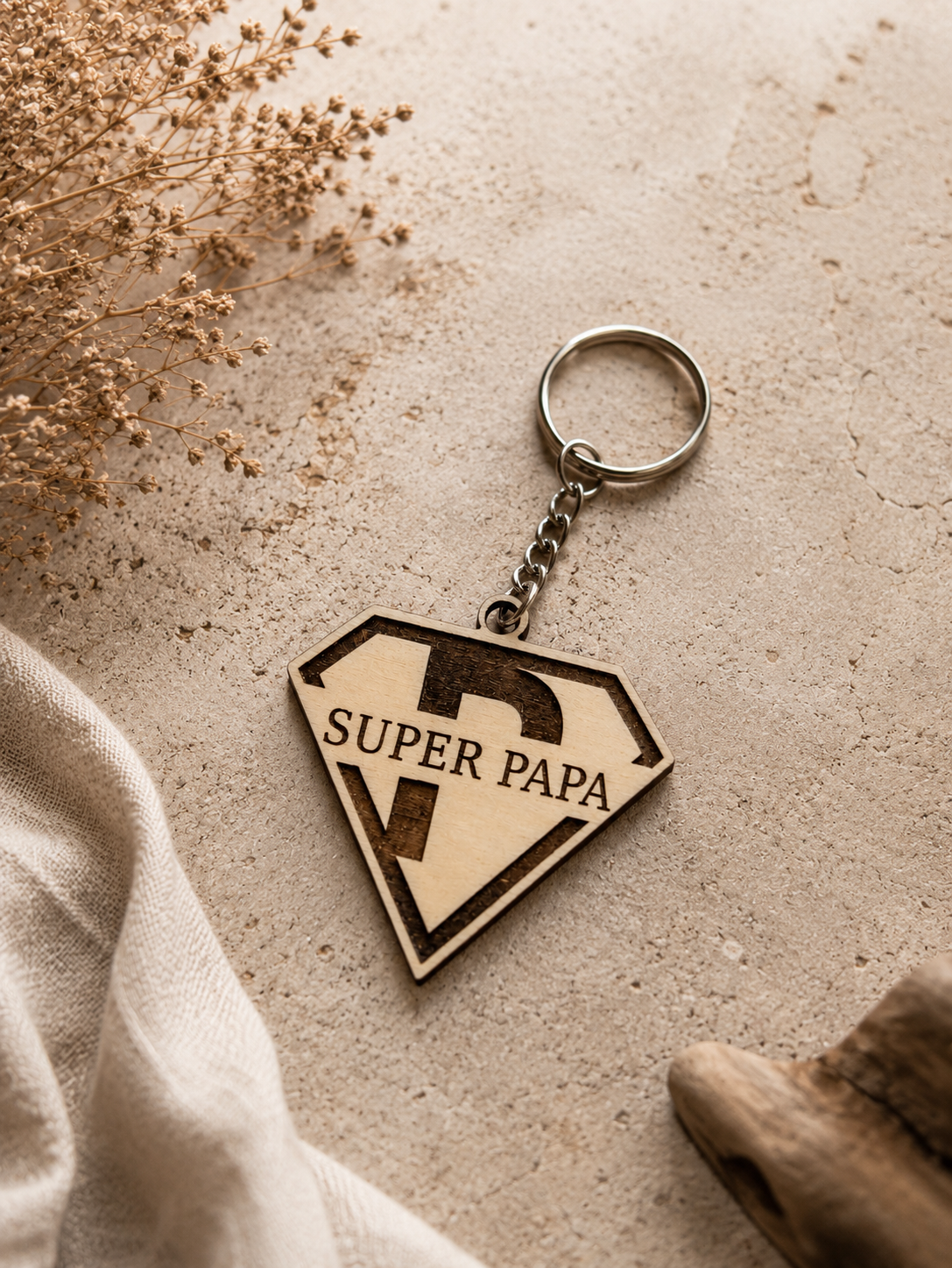Porte-clés Super Papa personnalisé en bois – Cadeau fête des pères original