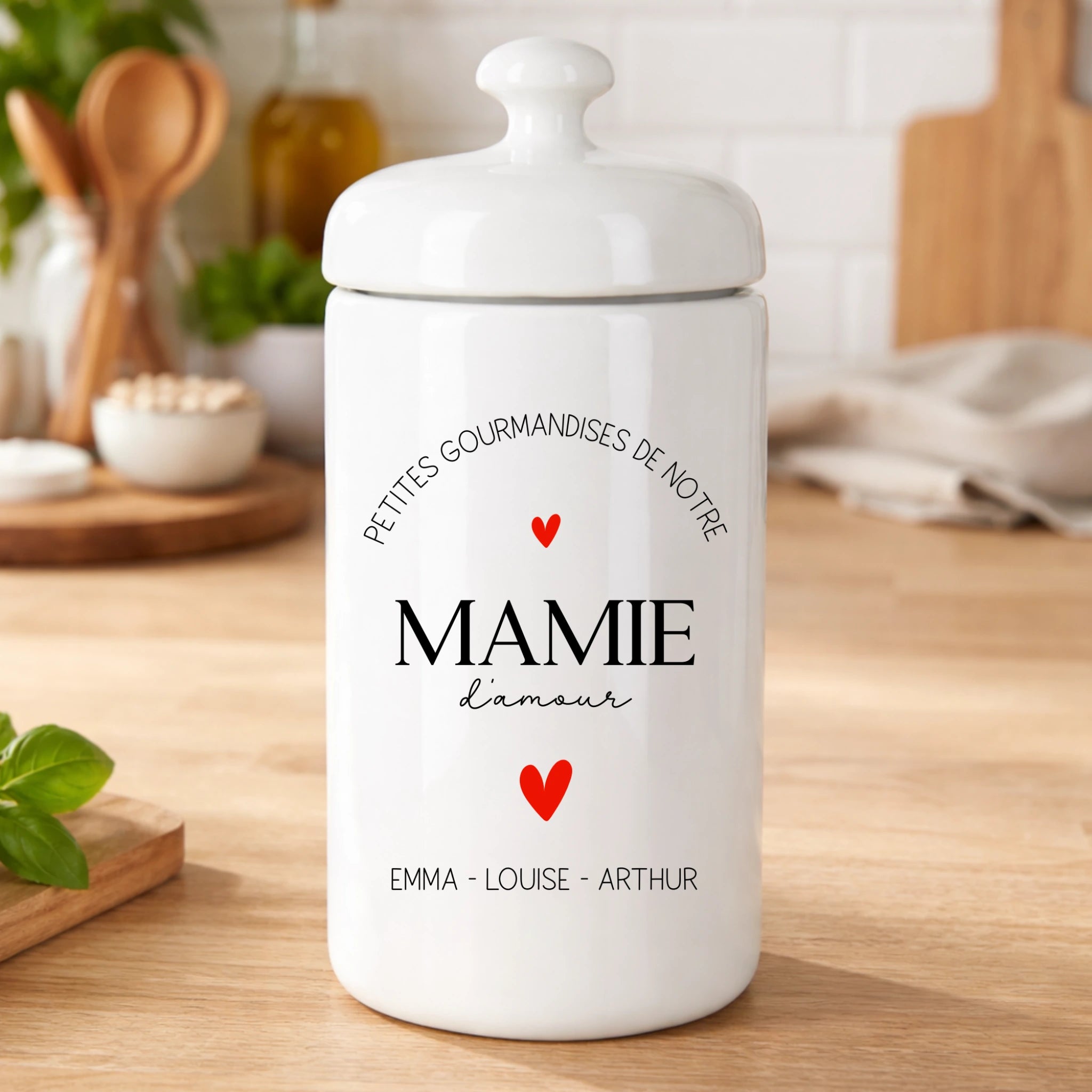 Pot à biscuits personnalisé Mamie – Jarre à biscuits fête des mamies – Cadeau personnalisé Mamie avec prénoms