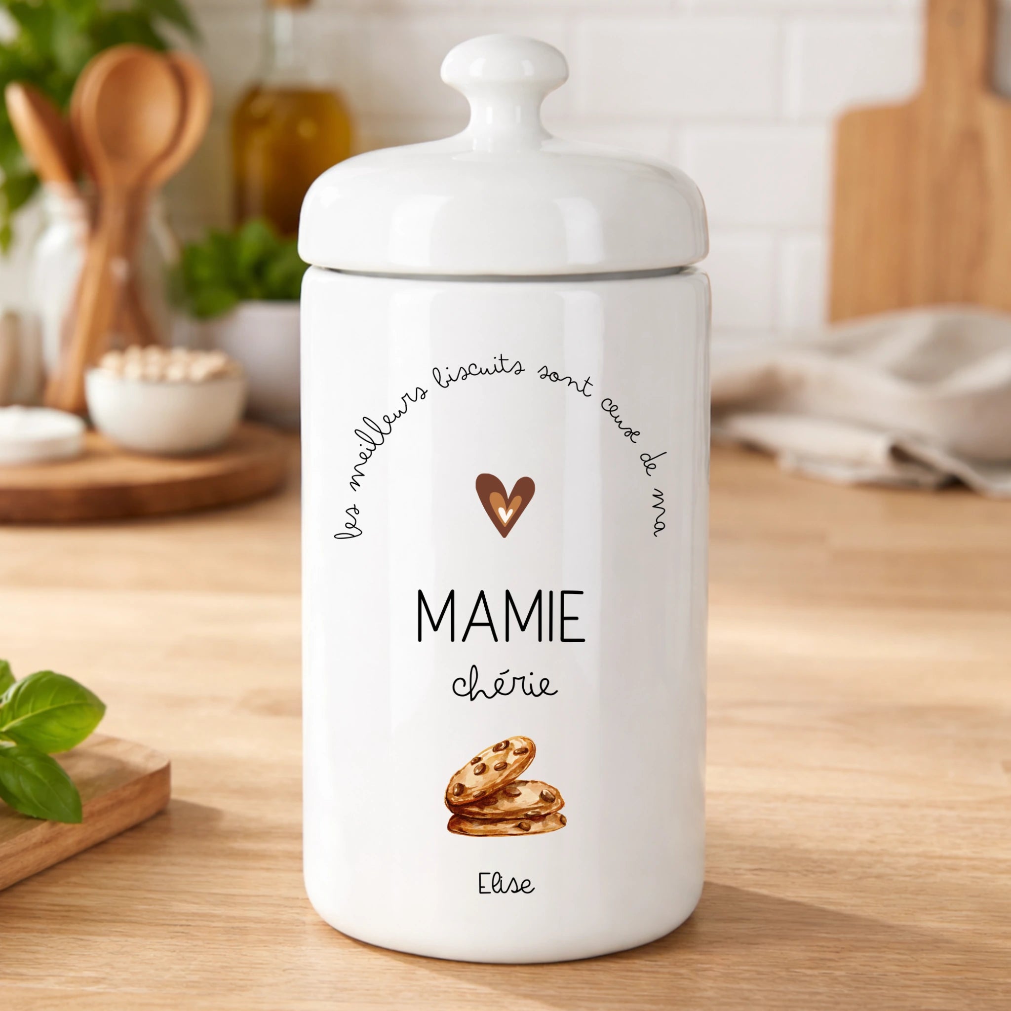 Pot à biscuits personnalisé Mamie – Jarre à biscuits fête des mamies – Cadeau personnalisé Mamie avec prénoms