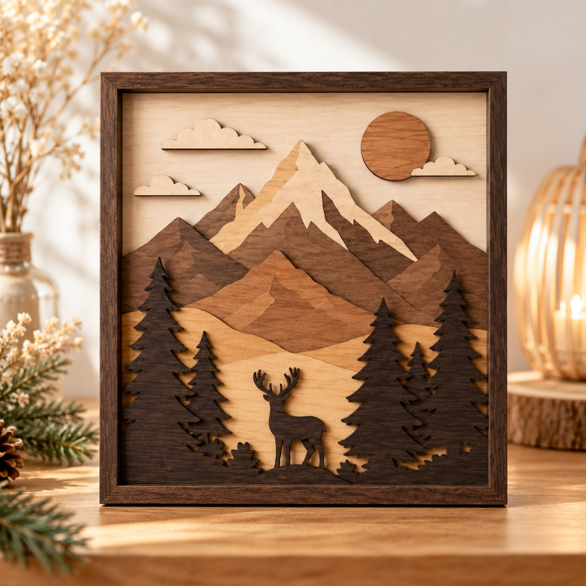 Tableau décoratif en bois multicouche avec cerf, sapins et montagnes, présenté sur un meuble dans une décoration naturelle et chaleureuse.